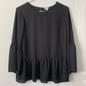 J. Crew Black Sheer Ruffle Hem 3/4 Bell Sleeve Babydoll Blouse